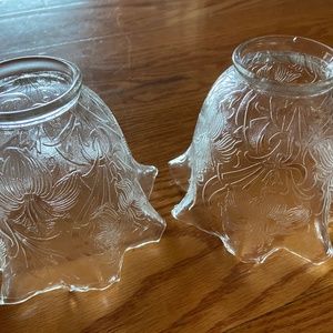 Petite sized pair clear pressed glass antique ruffled lamp shades floral